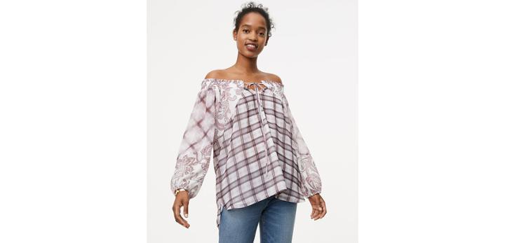 Loft Paisley Plaid Off The Shoulder Blouse