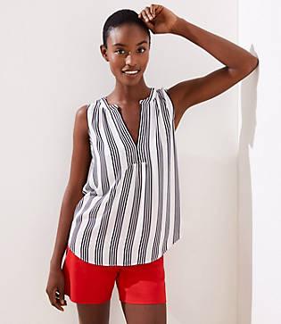 Loft Striped Mixed Media Split Neck Shell