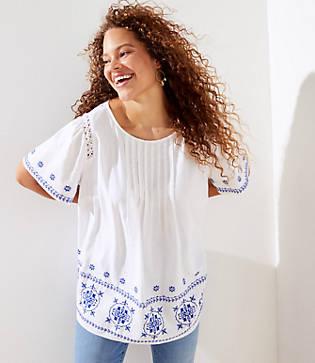Loft Plus Embroidered Pintucked Top