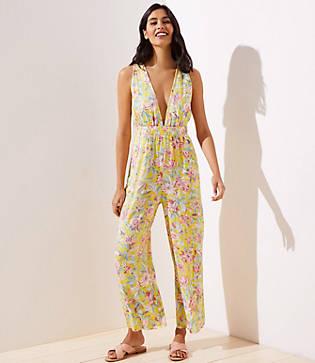 Loft Beach Floral Double V Wide Leg Jumpsuit