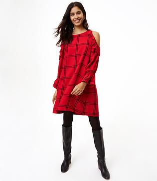 Loft Plaid Ruffle Cold Shoulder Dress