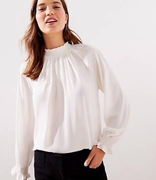 Loft Embroidered Smocked Mock Neck Blouse