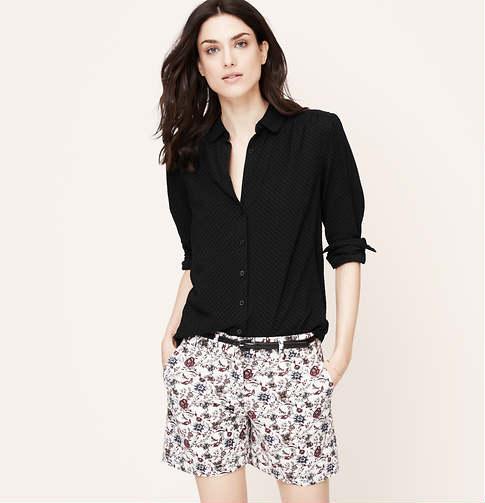LOFT Flocked Dot Button Down Shirt, Black