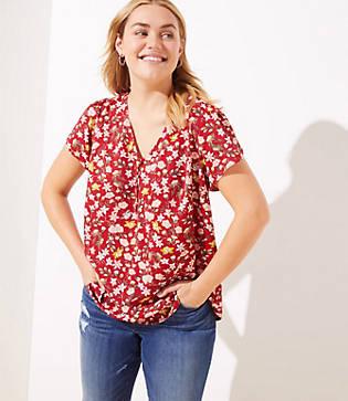Loft Plus Floral Vine Buttoned Petal Sleeve Top