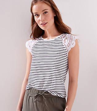 Loft Striped Lace Cap Sleeve Tee