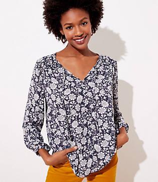 Loft Blossom Mixed Media Tie Neck Top