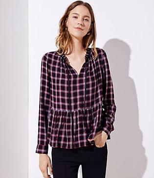 Loft Plaid Tie Neck Peplum Blouse