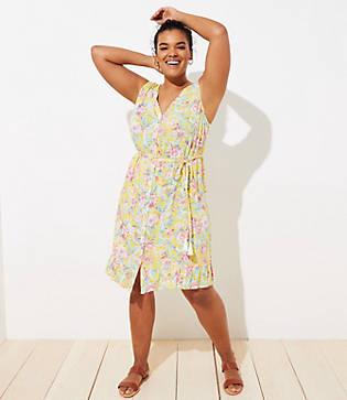 Loft Plus Loft Beach Floral Tasseled Tie Waist Dress