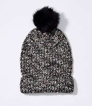 Loft Marled Faux Fur Pom Pom Hat
