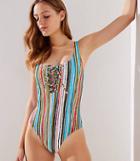 Loft Beach Striped Lace Up One Piece Swimsuit