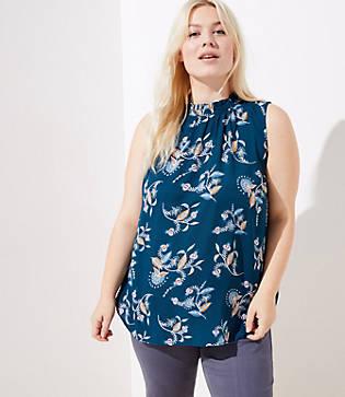 Loft Plus Floral Mixed Media Ruffle Neck Shell