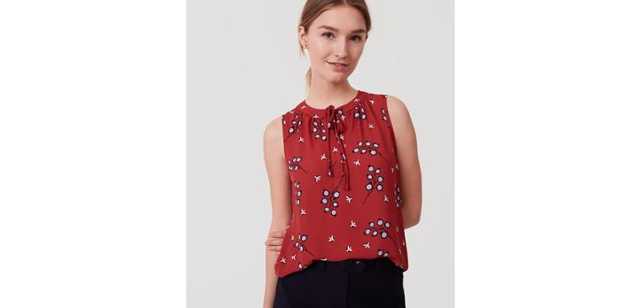 Loft Printed Mixed Media Tie Neck Shell