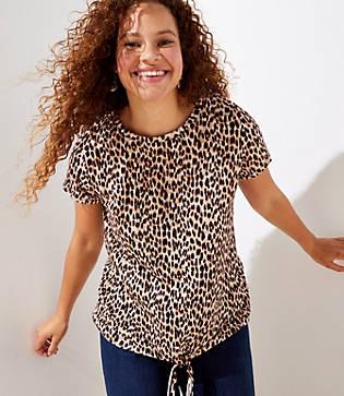 Loft Plus Leopard Print Tie Hem Linen Tee