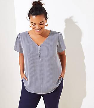 Loft Plus Striped Buttoned Petal Sleeve Top