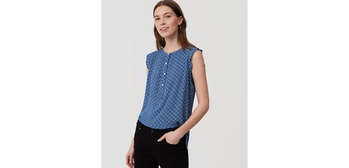 Loft Diamond Floral Ruffle Henley Shell