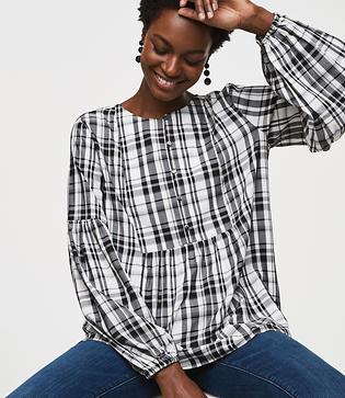 Loft Plaid Blouson Henley Top