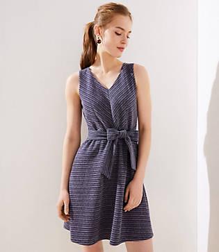 Loft Textured Stripe Tie Waist Flare Dress