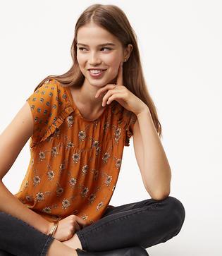 Loft Flowery Ruffle Trim Top