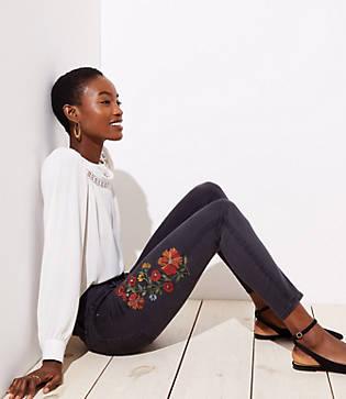 Loft Floral Embroidered Skinny Jeans In Black