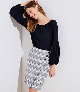 Loft Striped Tweed Button Wrap Skirt