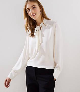 Loft Textured Stripe Tie Neck Blouse