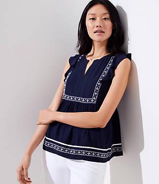 Loft Embroidered Split Neck Flutter Shell