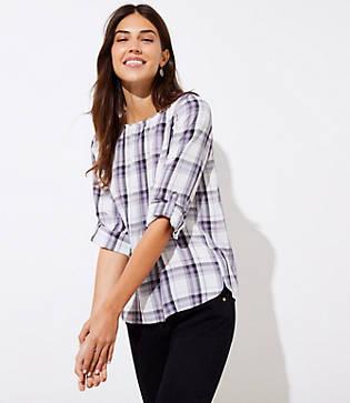 Loft Plaid Tab Sleeve Blouse