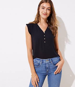 Loft Button V-neck Flutter Shell