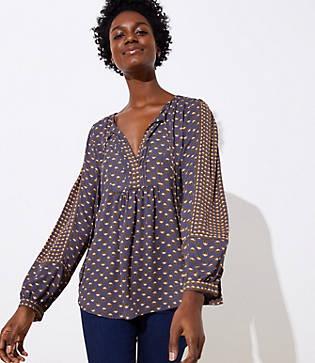Loft Mixed Bloom Pleated Tie Neck Blouse