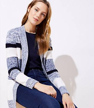 Loft Marled Stripe Ribbed Trim Open Cardigan