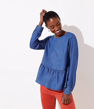 Loft Chambray Button Back Peplum Blouse