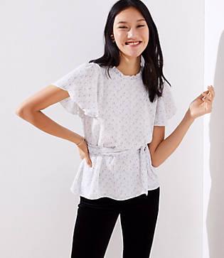 Loft Dotted Flutter Tie Waist Blouse
