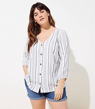Loft Plus Striped Blouson Sleeve Button Down Top