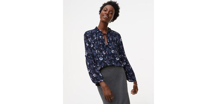 Loft Floral Vine Ruffle Tie Mixed Media Blouse