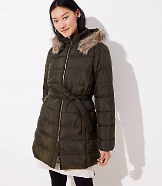 Loft Faux Fur Trim Belted Puffer Coat