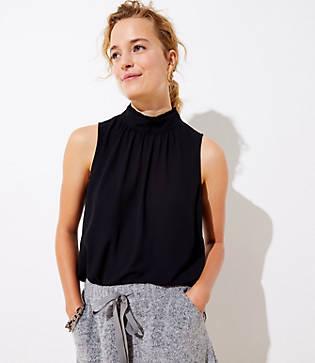Loft Ruffle Mock Neck Mixed Media Shell
