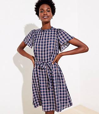 Loft Plaid Ruffle Neck Tie Waist Dress
