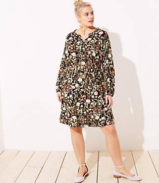 Loft Plus Floral Ruffle Split Neck Dress