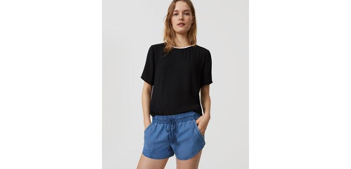 Loft Chambray Drawstring Shorts In Mid Indigo Wash