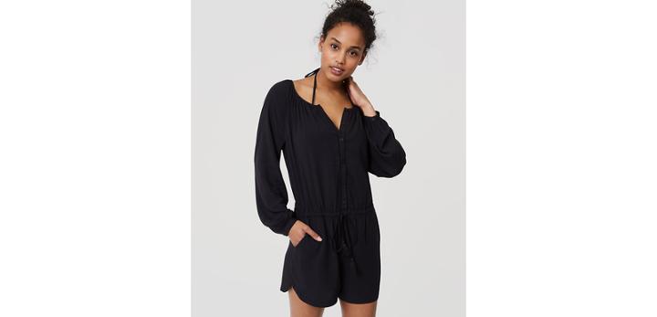 Loft Beach Shirred Button Front Romper