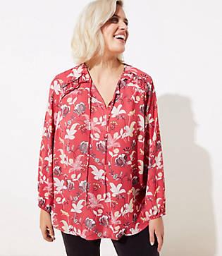 Loft Plus Floral Mixed Media Tie Neck Top