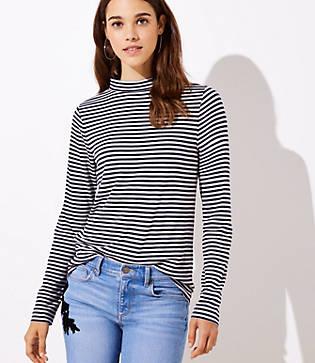 Loft Striped Button Back Mock Neck Top