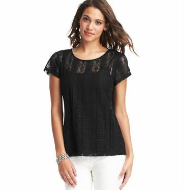 LOFT Sheer Pleated Lace Tee, Black