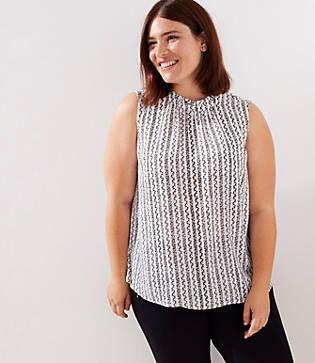 Loft Plus Floral Stripe Ruffle Neck Mixed Media Shell