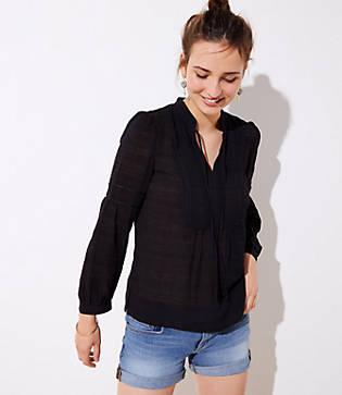 Loft Plaid Tie Neck Bib Blouse