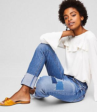 Loft Modern Patchwork Straight Flip Cuff Jeans In Dark Indigo Wash