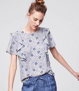 Loft Plus Floral Flutter Trim Top