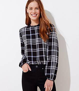 Loft Plaid Reversible Ruffle Neck Blouse