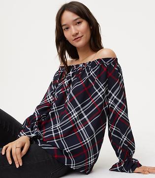 Loft Plaid Ruffle Cuff Off The Shoulder Blouse