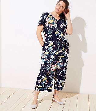 Loft Plus Bouquet Short Sleeve Tie Waist Jumpsuit